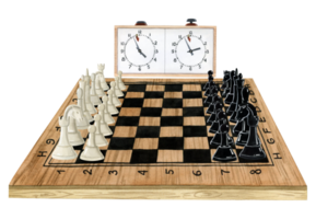 Hand drawn wooden chess board with black and white pieces and clocks watercolor illustration for beginning of the game or competition. png