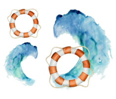 Aquarell Rettungsring und Ozean Welle Illustration Satz. nautisch Leben Bewahrer mit rot Weiß Streifen, maritim Sicherheit Clip Art png