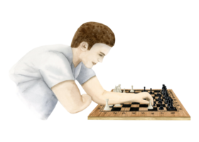 Chess player making move with white pawn illustration. Hand drawn man playing board game template png