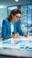 Woman strategizing business plans on a clear glass board with ample left-side copyspace for branding AI Generative photo