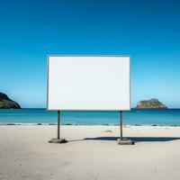 sorprendentes imagen de un blanco cartelera marco en un solitario playa, interminable publicidad posibilidades ai generativo foto