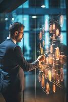 Woman strategizing business plans on a clear glass board with ample left-side copyspace for branding AI Generative photo