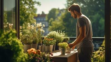 Man embracing a serene morning routine on a sunlit balcony overlooking a vibrant spring garden AI Generative photo