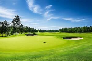 celebrar el radiante belleza de un bien conservado golf curso debajo un soñador cielo ai generativo foto