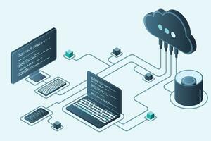 concepto de computación de tecnología en la nube. tecnología de nube moderna. concepto isométrico del centro de datos. tecnología de nube isométrica con centro de datos. concepto de alojamiento web. ilustración vectorial vector