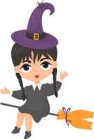 Halloween witch girl in hat is flying on broomstick png