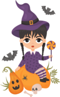 Halloween.  witch girl in hat with pumpkin, sweet candy png