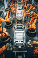 Overhead view of robotic precision on an automotive assembly line AI Generative photo