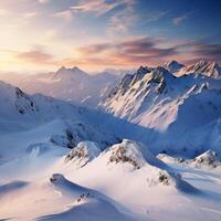 Untouched snowy mountain landscape under the soft glow of a setting sun photo