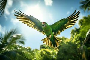 denso, verde esmeralda selva escena con un vibrante loro volador en medio de el follaje ai generativo foto