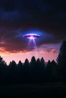 Mysterious UFO sighting in the twilight sky emitting an iridescent glow and mesmerizing light patterns AI Generative photo