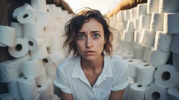 Toilet Paper Towers - Woman's Bewildered Reaction to Panic Buying AI Generative photo