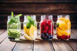 de moda surtido de desintoxicación Fruta agua en vibrante masón frascos en un rústico de madera mesa ai generativo foto