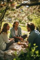 Friends sharing laughter and meals under the canopy of blossoming trees in a spring garden AI Generative photo