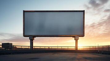 Vibrant sunset forming a fiery backdrop for a blank billboard frame, perfect for bold advertising AI Generative photo