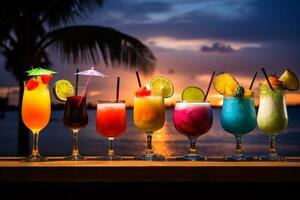 Array of Vibrant Exotic Cocktails against Tropical Beach Backdrop at Dusk AI Generative photo