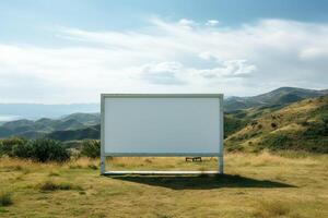 Rural tranquility featuring a blank billboard frame against rolling hills, untapped advertising potential photo