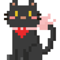 Pixel art black cat with red heart colla png