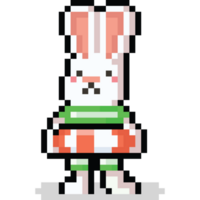 Pixel art cartoon summer white rabbit character with swimring png