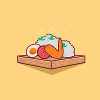 Detailed nasi lemak and tempe with chicken wing on plate illustration for food icon vector