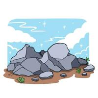 A bunch of big small gray colored stones and a few leaves decoration with soil ground and blue sky background vector illustration isolated on square white template. Simple flat cartoon style drawing.