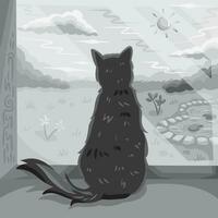 Grayscale monochrome cat from behind sitting by the window vector illustration isolated on square white background. Simple flat cartoon art styled drawing.