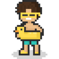 Pixel art the boy character in summer mood with duck swimring png