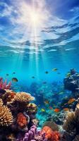 Enchanting underwater scene of a vibrant, multi-colored coral reef teeming with diverse fish photo
