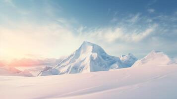 Untouched snowy mountain landscape under the soft glow of a setting sun photo