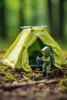 Comedy in Wilderness - Hiker's Amusing Attempt at Toy Tent Pitching AI Generative photo