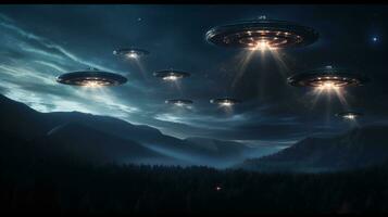 Dramatic depiction of a UFO fleet in the night sky signaling a possible alien encounter AI Generative photo