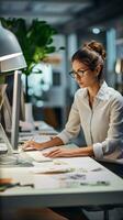 Woman at a technologically equipped workstation with ample top-side copyspace for creative business branding AI Generative photo