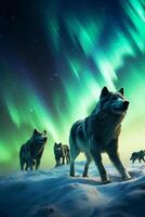 Surreal image of a pack of wolves in a winter wonderland under the dancing northern lights photo