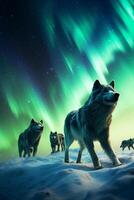 Surreal image of a pack of wolves in a winter wonderland under the dancing northern lights AI Generative photo