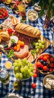 aéreo ver de un verano picnic exhibiendo al aire libre comida en un a cuadros cobija ai generativo foto