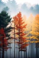 Misty forest during autumn with tall trees and multicolored leaves, providing ample copy space photo