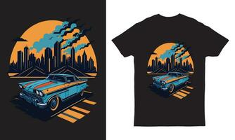 artwork of retro car t-shirt graphic in front of a city skyline. vector