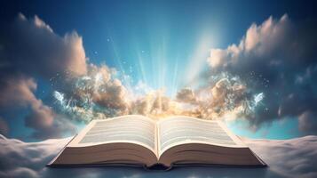 Hardcover book with floating letters against sky backdrop photo
