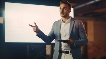 Young professional woman making a presentation on a large screen with ample bottom copyspace AI Generative photo