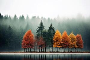 Misty forest during autumn with tall trees and multicolored leaves, providing ample copy space photo