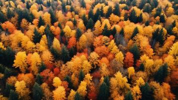 Aerial view of an enchanting autumn forest with vibrant hues of orange, red, and gold photo