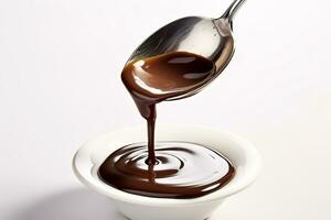 Luscious Chocolate Sauce Dripping from Silver Spoon Against Stark White Background AI Generative photo