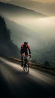 un temprano Mañana paseo - el del ciclista aventuras mediante un montaña pasar ai generativo foto