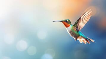 Minimalist capture of a hummingbird mid-flight sipping nectar from an exotic flower photo