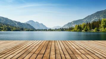 Blank billboard dramatically positioned at the end of a pier overlooking a tranquil lake AI Generative photo