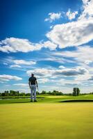 The Thrill of Lining Up a Putt with a Bright Sky Overlooking the Green Course Landscape AI Generative photo