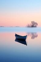Peaceful dawn over a calm lake with a solitary rowing boat in the distance photo