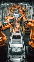 Overhead view of robotic precision on an automotive assembly line photo