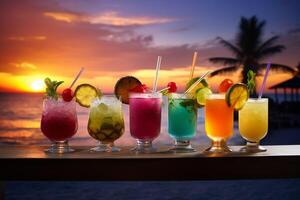 Array of Vibrant Exotic Cocktails against Tropical Beach Backdrop at Dusk AI Generative photo