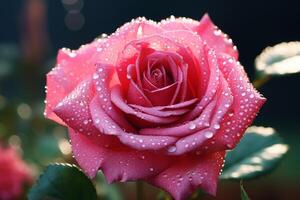 maravilloso macro Disparo de un besado por el rocío Rosa en lleno floración con soñador borroso antecedentes y Copiar espacio ai generativo foto